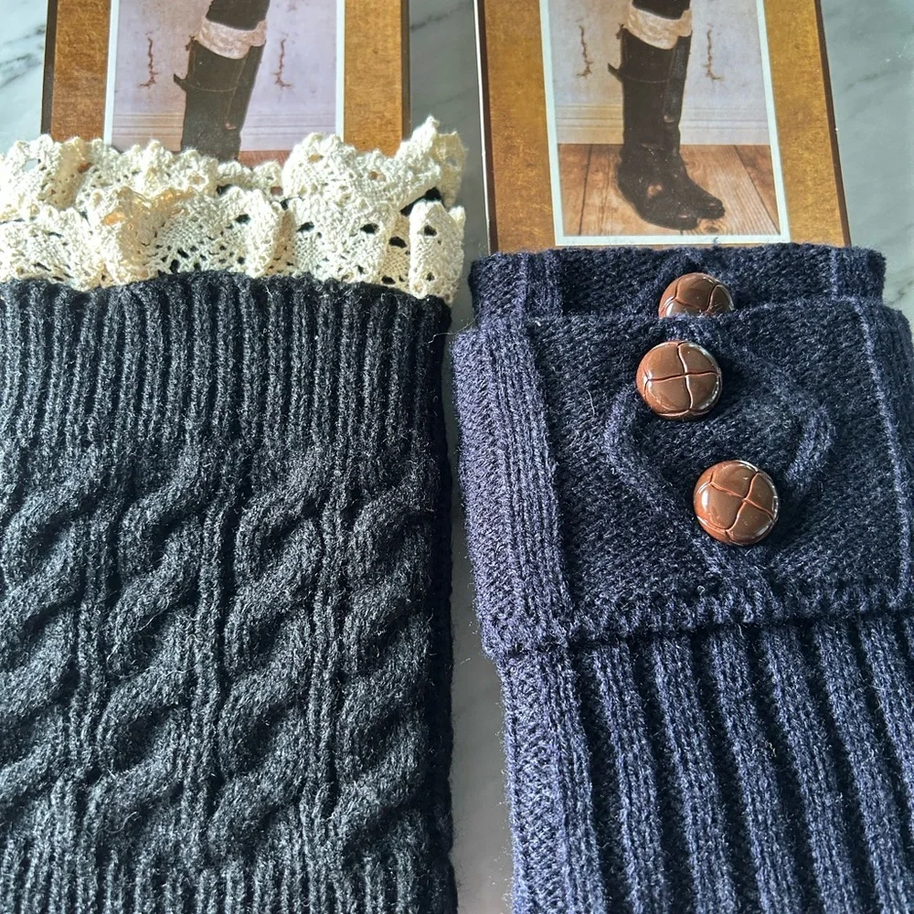 Elegant Black Knit boot topperswith Lace Trim and classic Navy Cable Knit